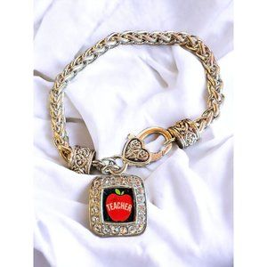 Teacher Apple Square Charm Bracelet Classic Silver Plated